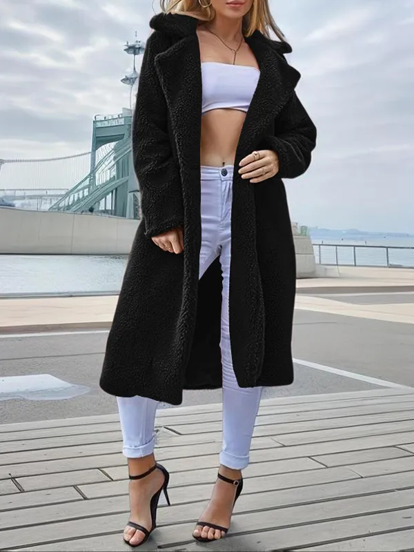 Women's Plain Pocket Button Front Faux Fur Coat