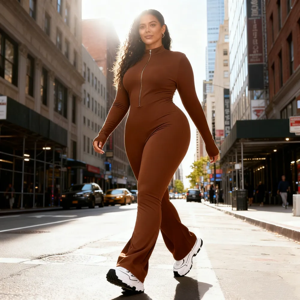 Women's Long Sleeve Flared Sports Jumpsuit - Zipper Jumpsuit