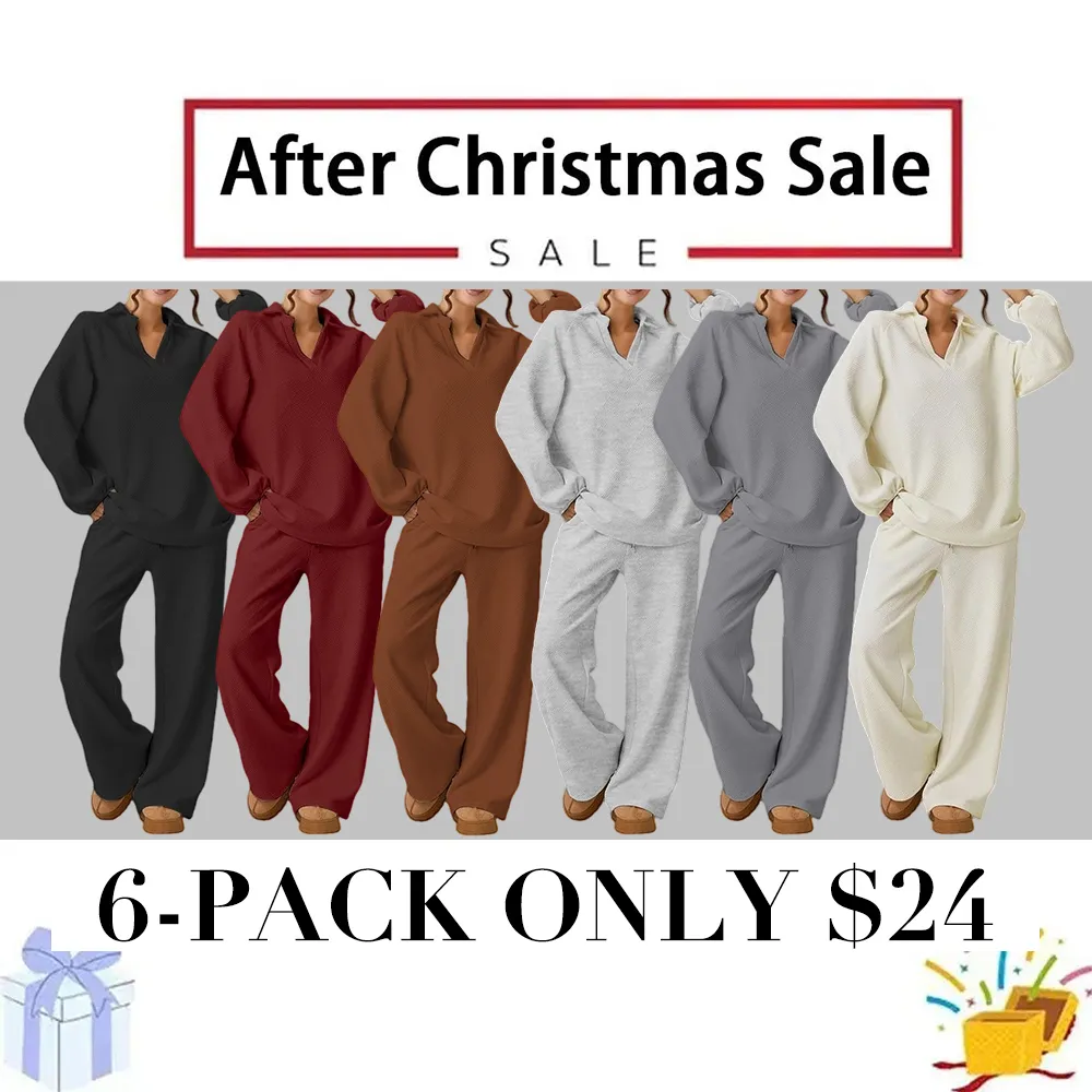 Women's loose-fitting V-neck textured pullover and drawstring waist pants set