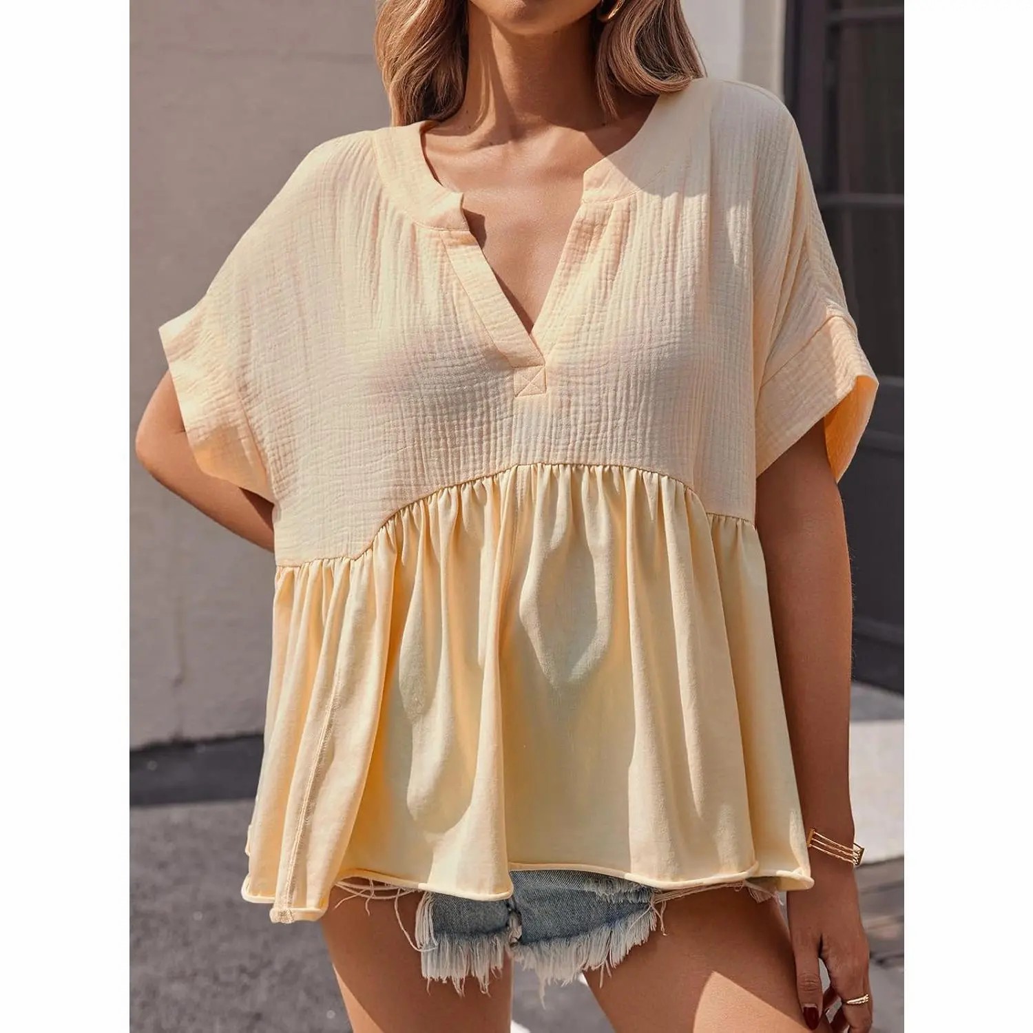 Womens Summer Babydoll Tops V Neck Short Sleeve Pleated Flowy Shirts