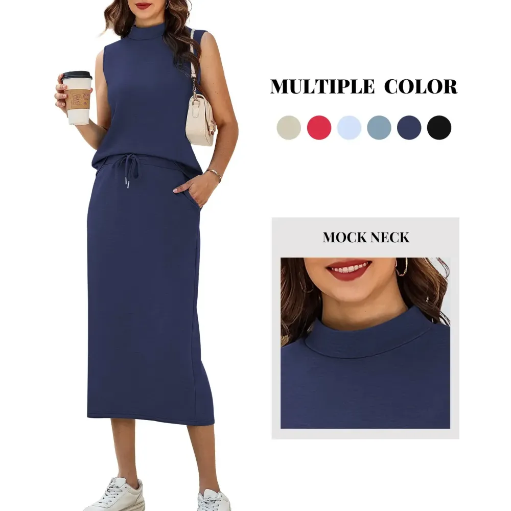 Women's Two Piece Sets Summer Outfits Cap Sleeve Top Drawstring Midi Skirts