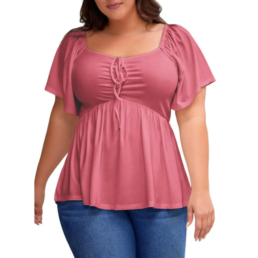 Women Plus Size Sweetheart Neck Short Sleeve Shirred Peplum Blouse Tops Shirts