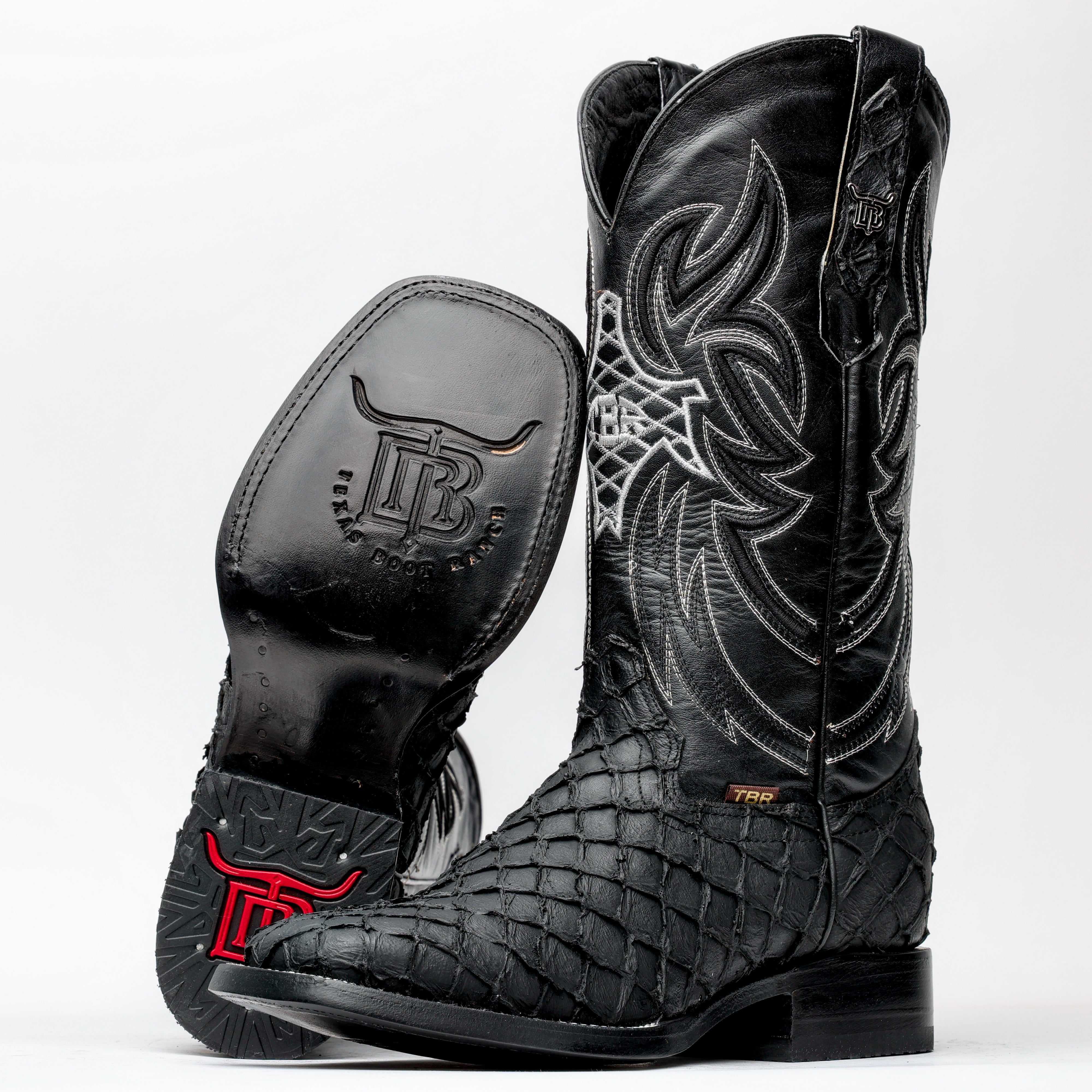 Matte Black Mini Pirarucu Leather Boots - Square Toe