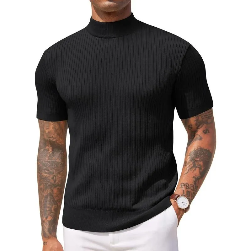 Men's Mock Turtleneck Sweater Short Sleeve Casual Basic Tops Ribbed Knit Pullover Solid Tee(100%Polyester)
