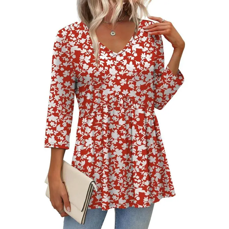 3/4 Length Sleeve Womens Tops 2025 Blouses for Women Dressy Casual Fashion Clothing V Neck Babydoll Tops Fall Outfits