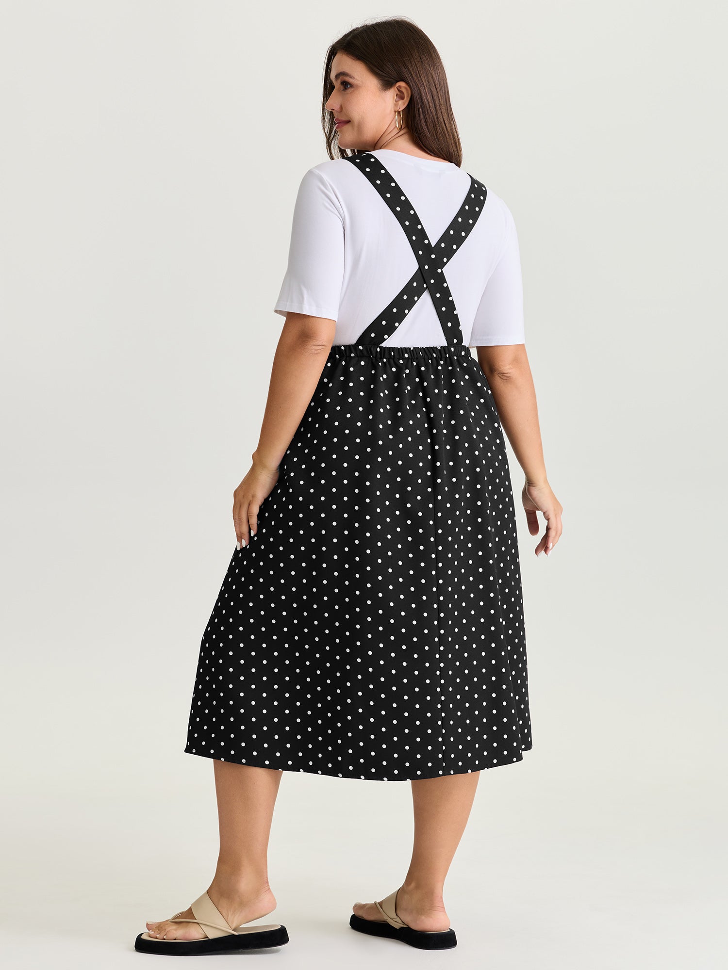 Polka Dots Print Adjustable Overall Midi Dress