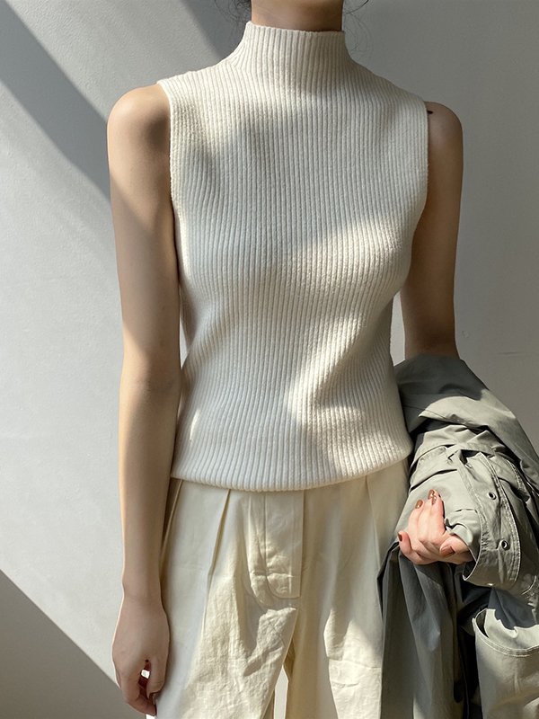 Solid Color Skinny Sleeveless High-Neck Vest Top Knitwear
