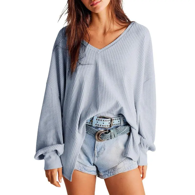 Women's Waffle Knit V-Neck Oversized Sweater