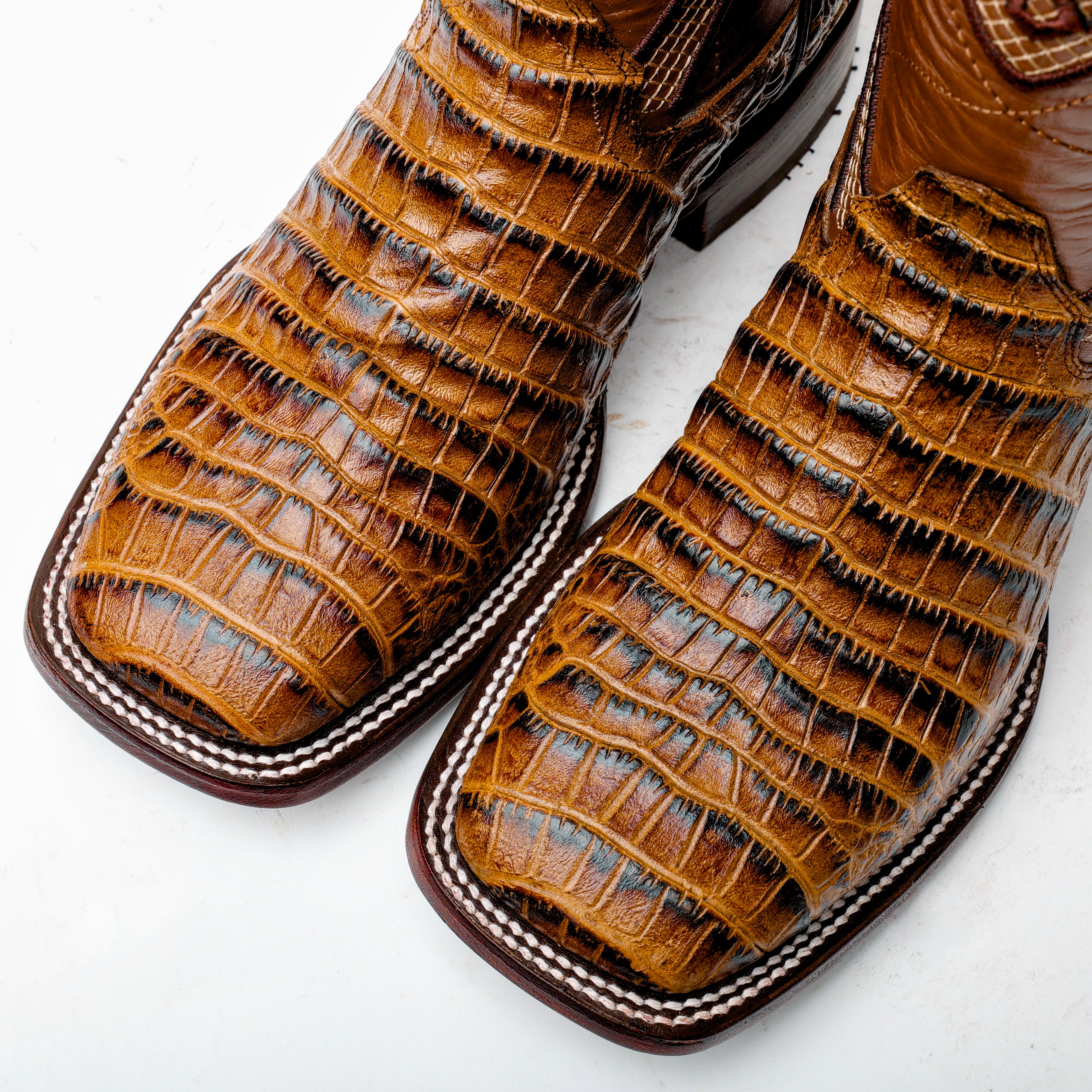 Honey Caiman Belly Leather Boots - Square Toe