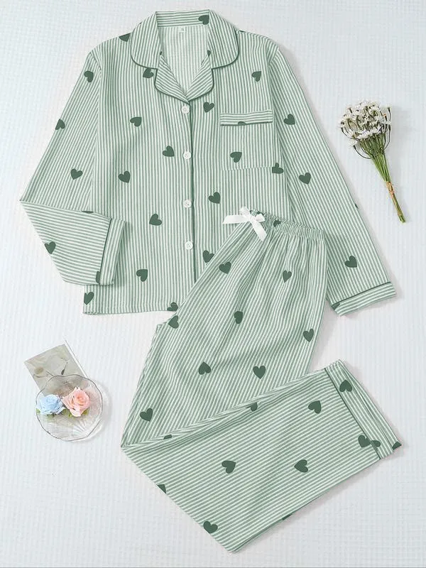 Women's Striped Bow Print Long Sleeve Pajama Set