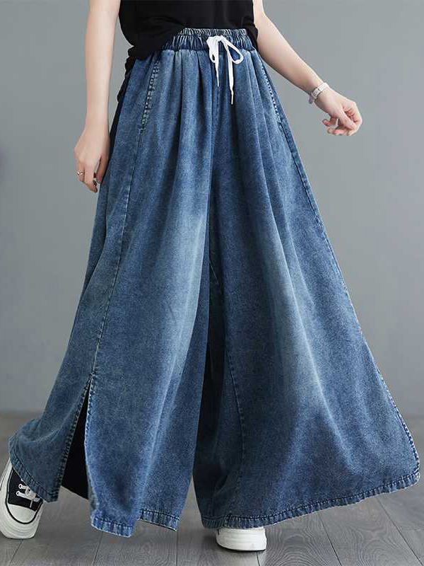 Drawstring Split-Side Loose Wide Leg Trousers Jean Pants Bottoms