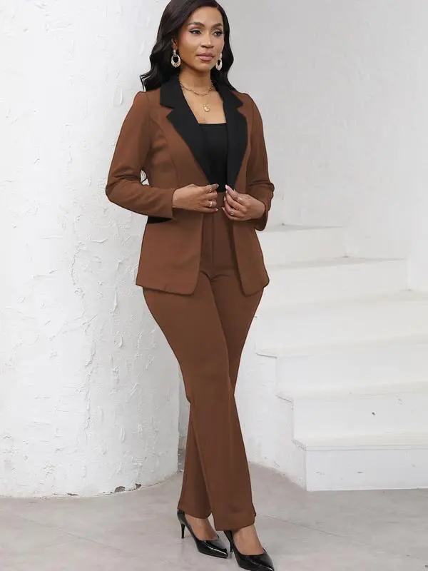 Women's Colorblock Blazer & Straight Leg Pants Set Suits