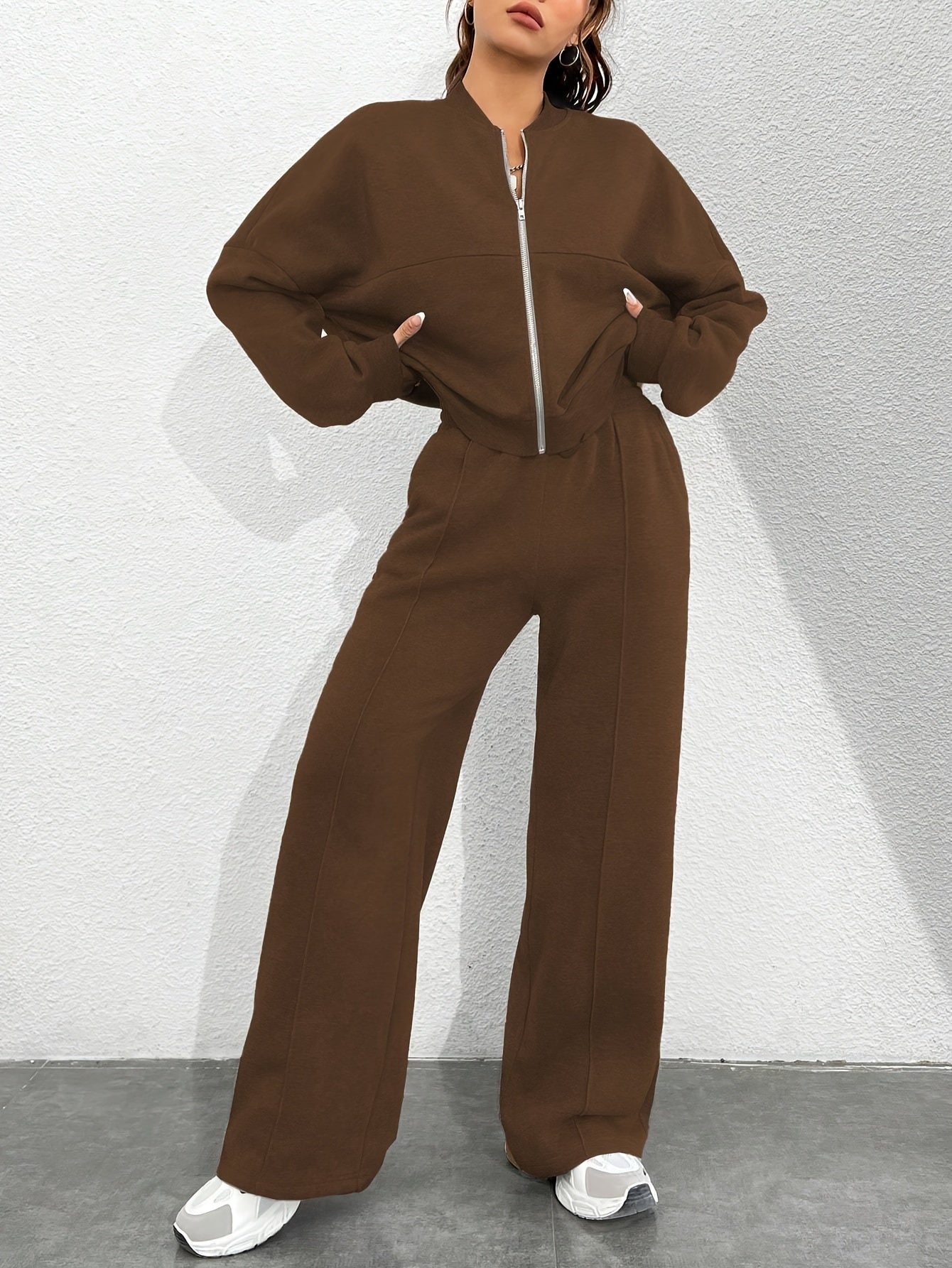 Zip-up Collarless‌ Cardigan Pants Set