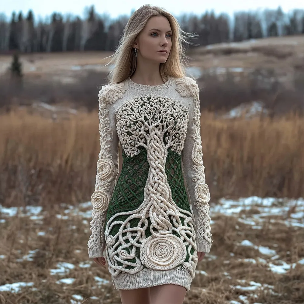 Viking Tree Of Life Vintage Cozy Knit Sweater Dress