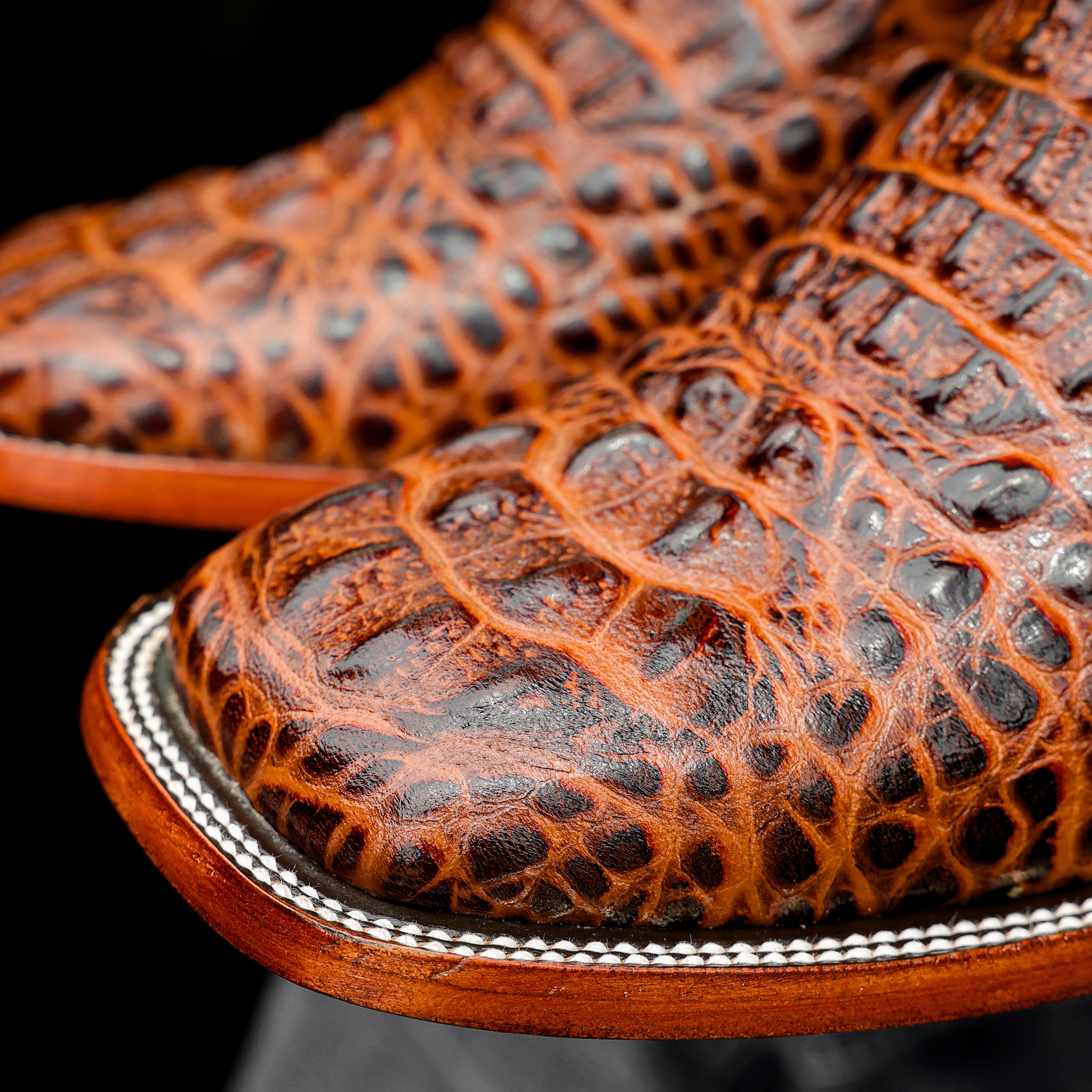 Cognac Caiman Neck Leather Boots - Square Toe