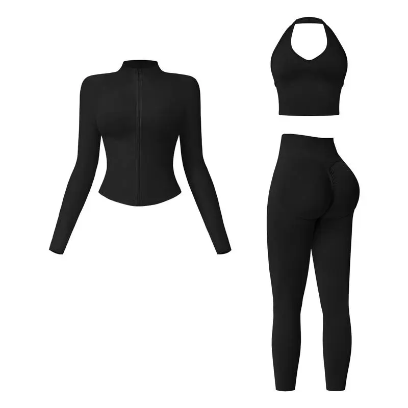 Women's Criss Cross Crop Tank, Zip-Up Jacket & High-Waist Leggings Set