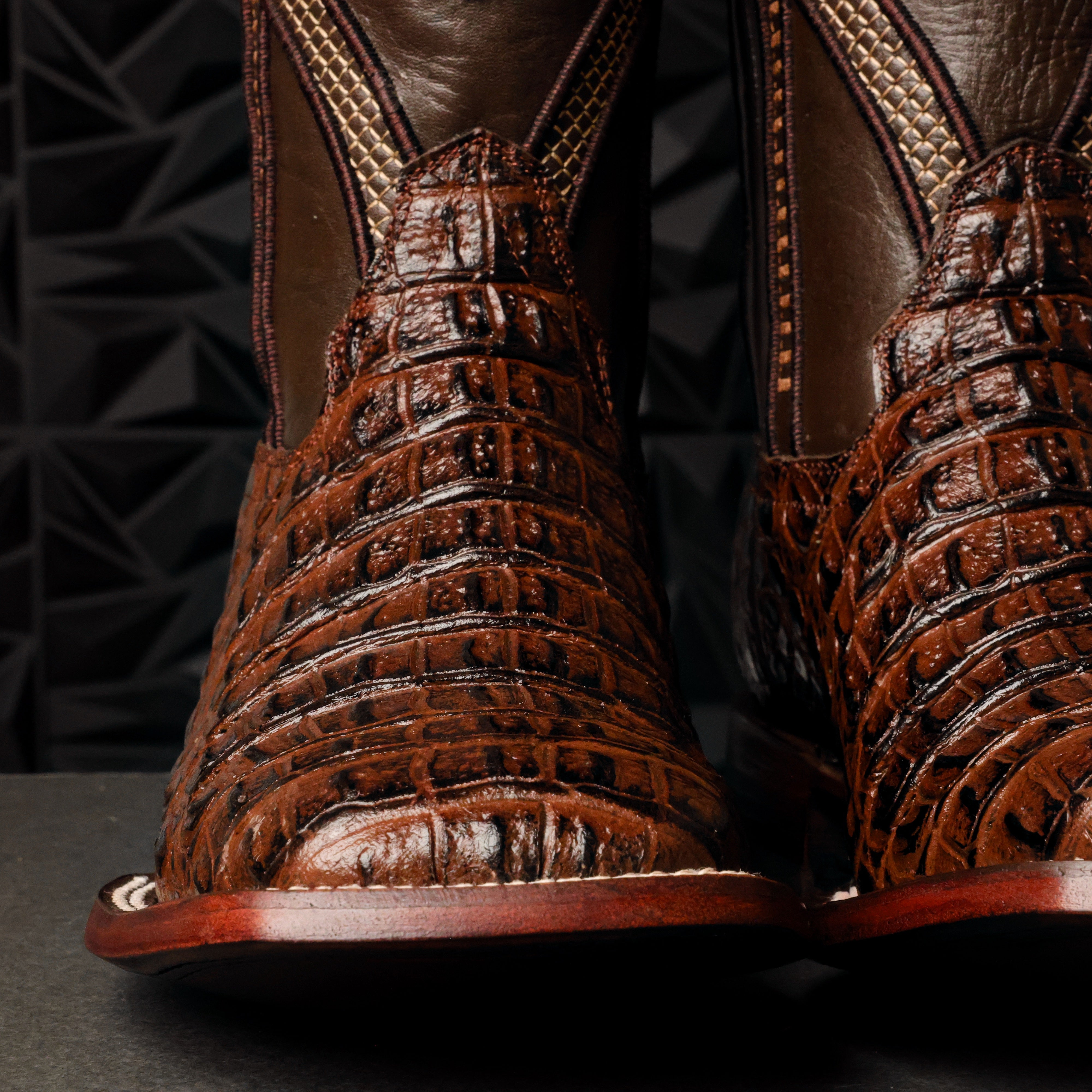 Brown Caiman Hornback Leather Boots - Square Toe