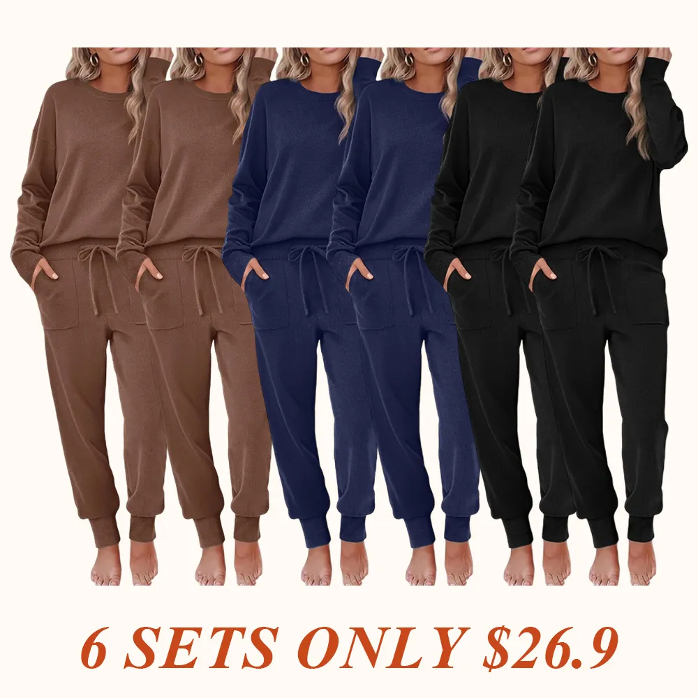 Women's Long Sleeve Knit Loungewear Set Jogger Pants Outfit