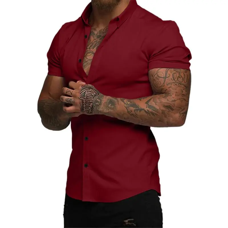 Mens Muscle Fit Dress Shirts Casual Button Down Shirt Short Sleeve Wrinkle-Free Shirts