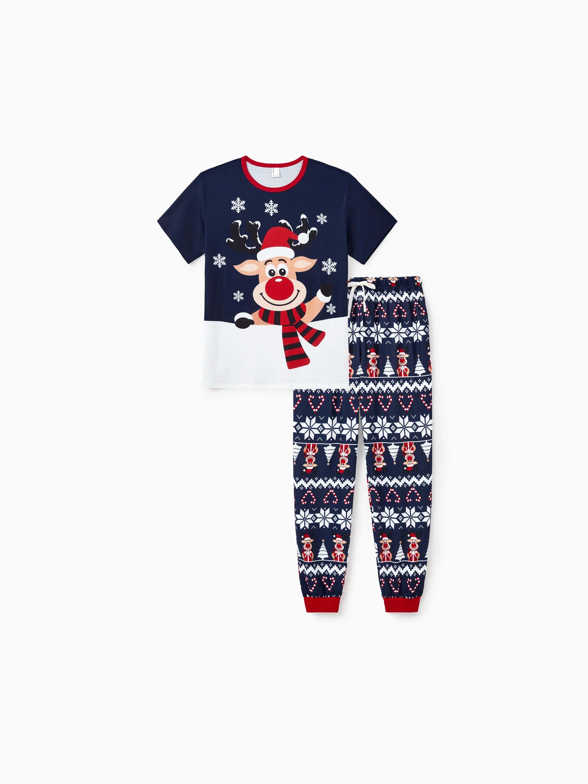 Christmas Matching Family Pajamas Set Reindeer and Snowflake Print PJS Deep Blue