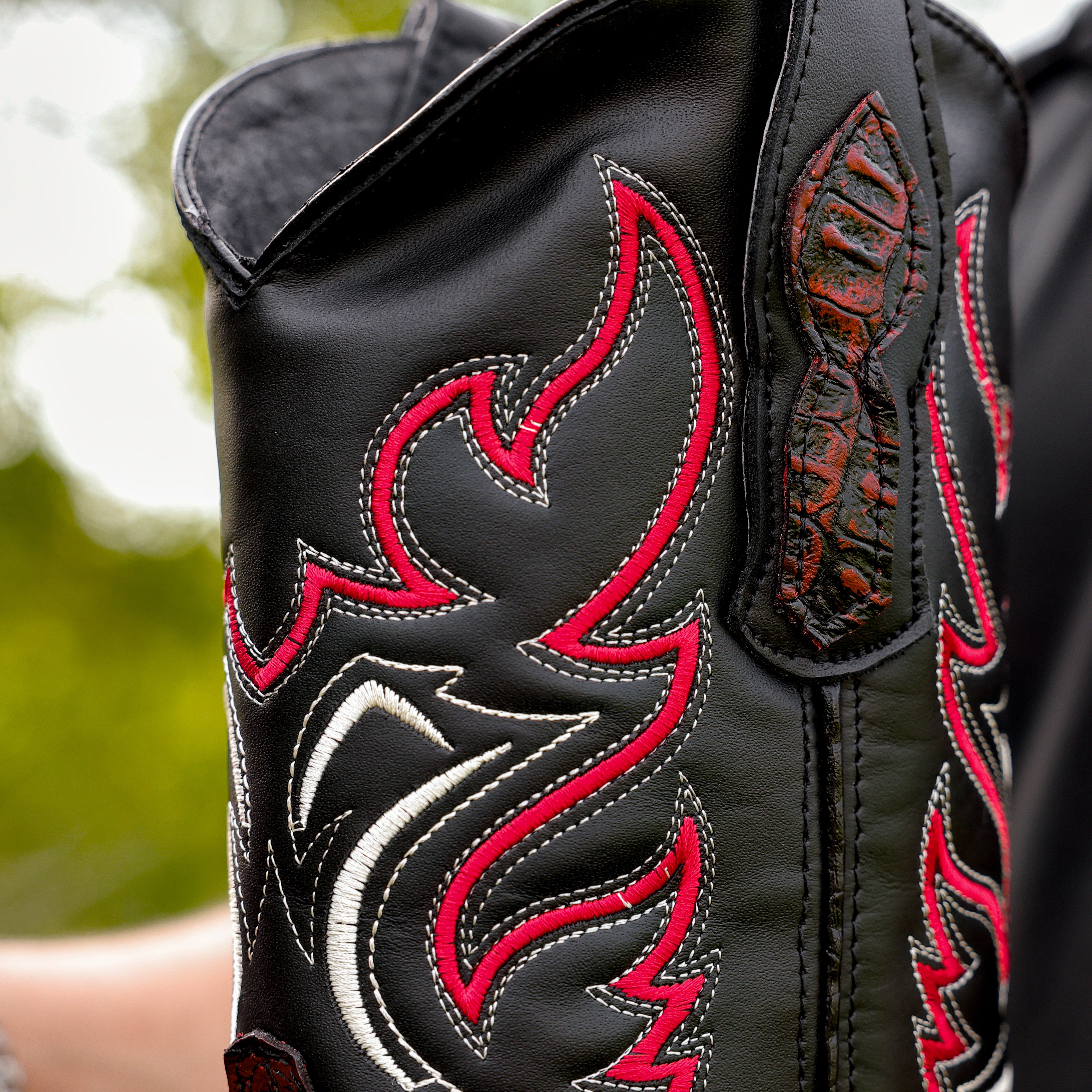 Black Cherry Caiman Hornback Leather Boots - Round Toe