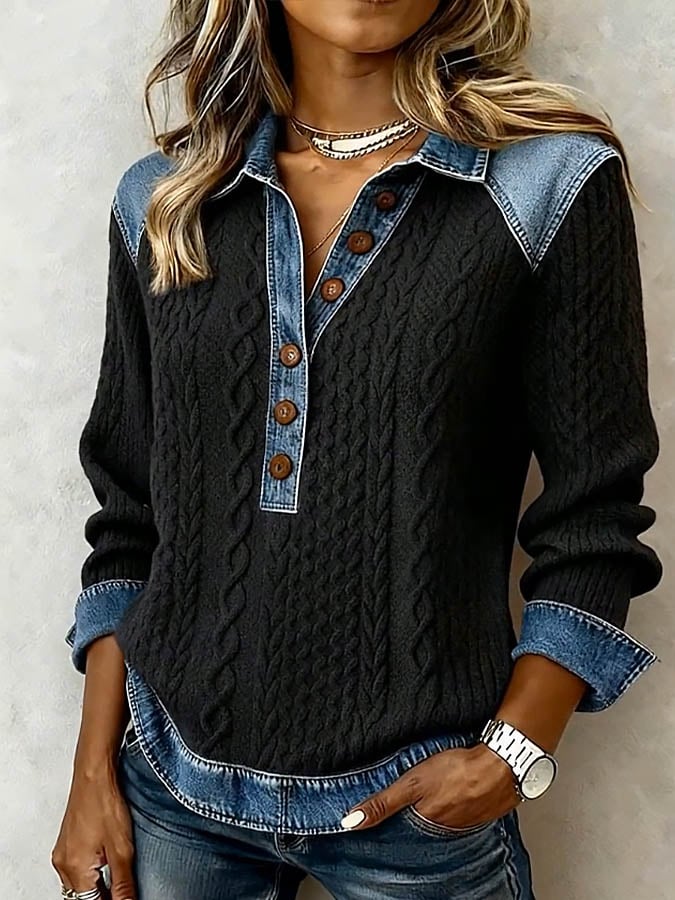 Women'S Casual Collared Color-Blocked Print Pullover Top