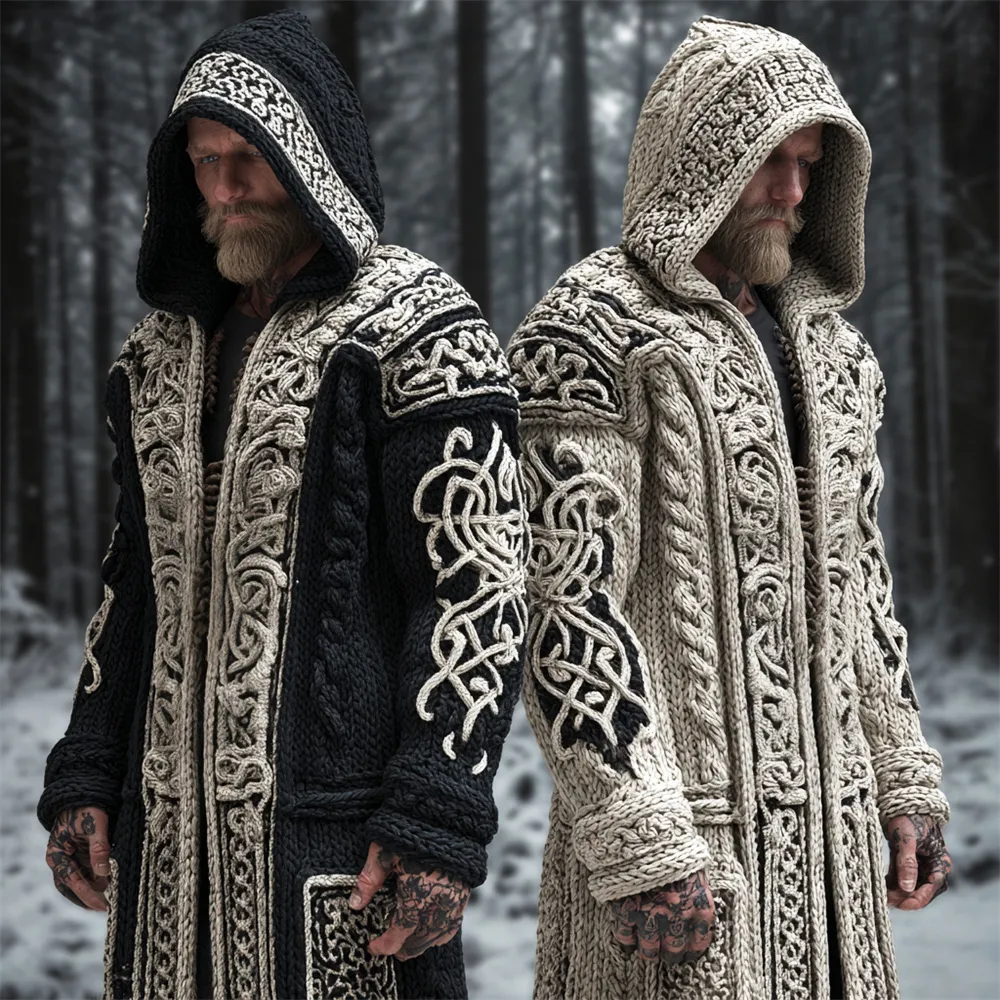 Viking & Celtic Knot Art Men's Hooded Knit Long Cardigan