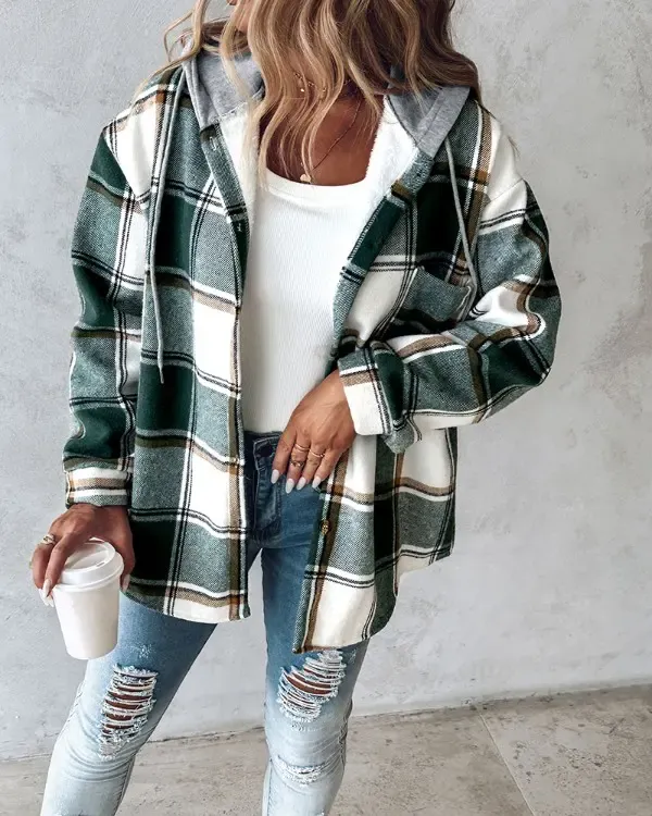 Plaid Pattern Long Sleeve Shacket Button Down Fleece Lined Hooded Jackets Warm Coat
