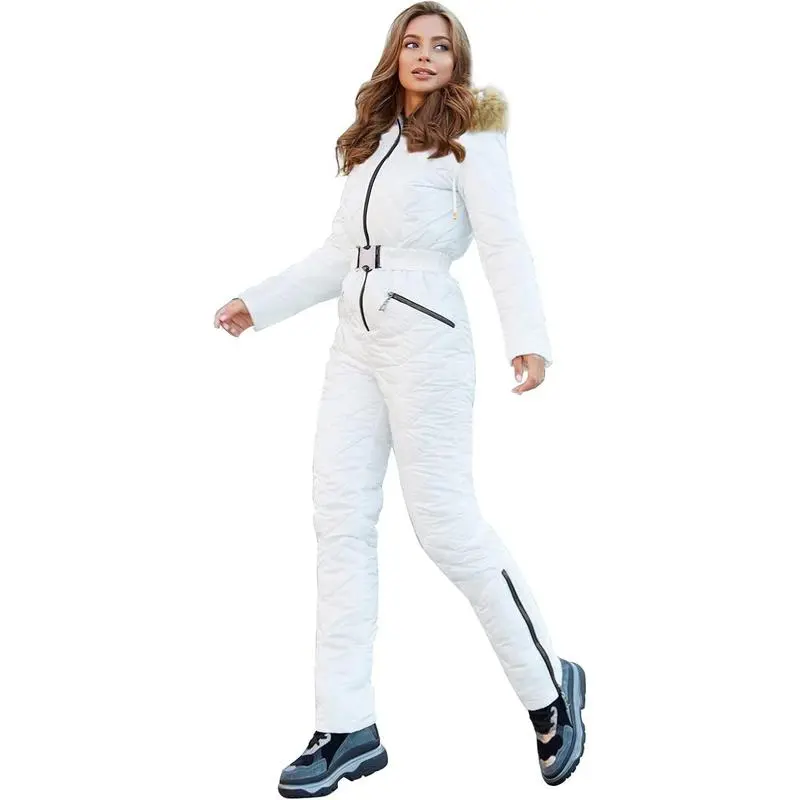 Women's Winter Ski Suit One-Piece Hooded Fur Collar Jumpsuit