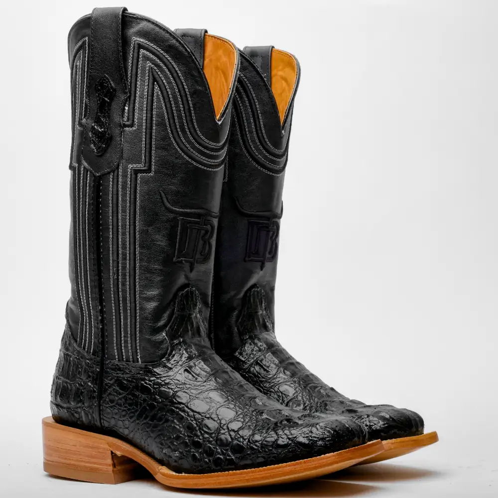 Black Caiman Neck Leather Boots - Square Toe