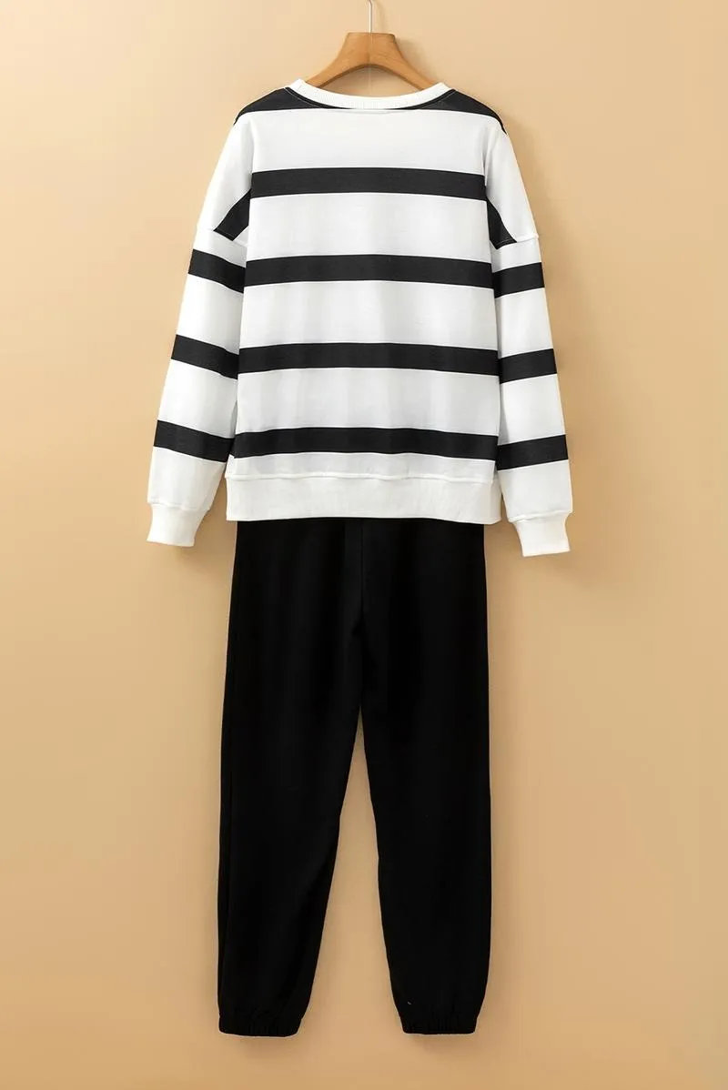 Women's Striped Two Piece Outfit Long Sleeve Drop Shoulder Pullover Tops & Jogger Pants Sets