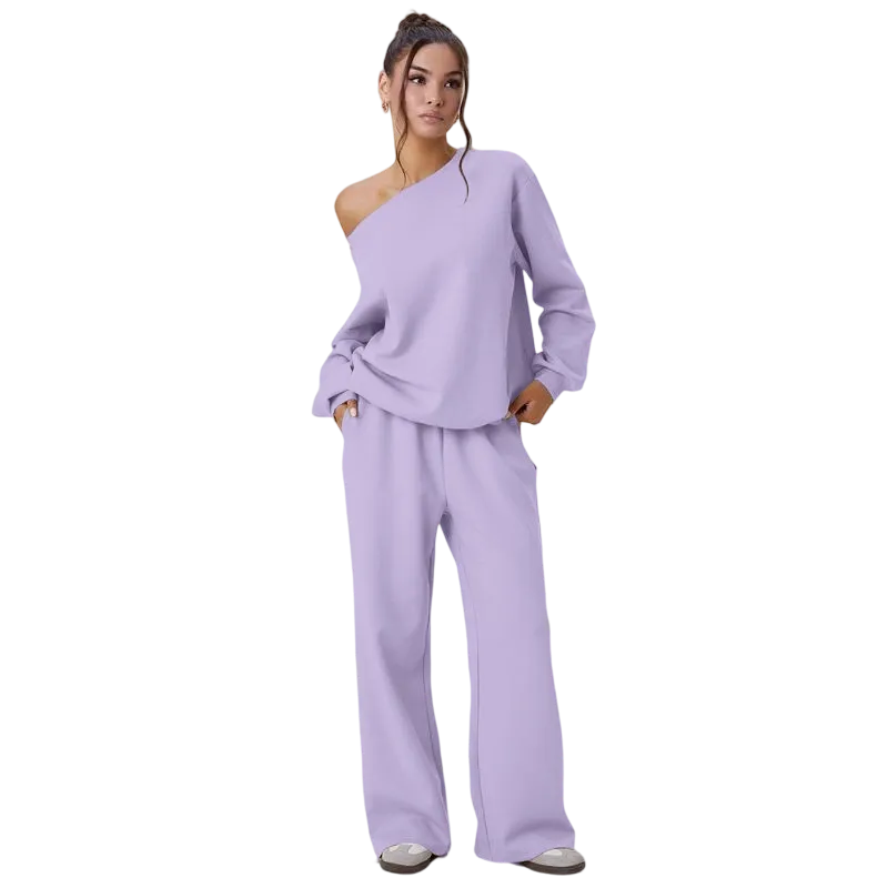 Women's Leisure Solid Color Sloping Shoulder Long Sleeve Top & Wide Leg Trousers Co-ord