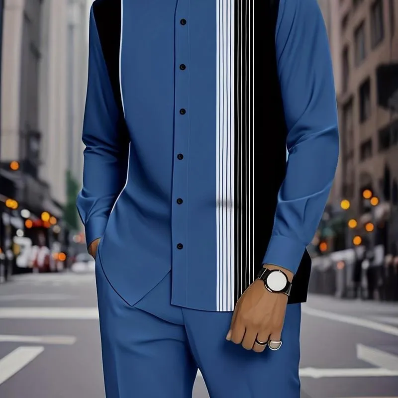 2 piece men's black and white vertical stripe graphic printed button up collar top and drawstring waist casual pants