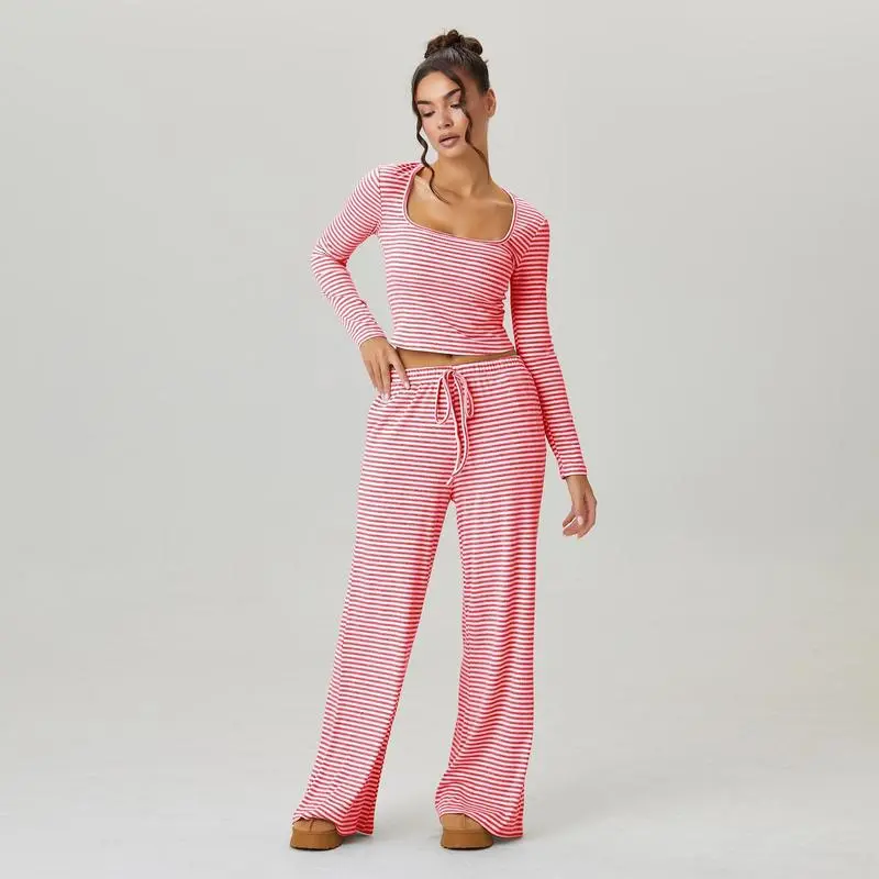 Women's Stripe Square Neck Long Sleeve Crop Top & Wide Leg Trousers Set