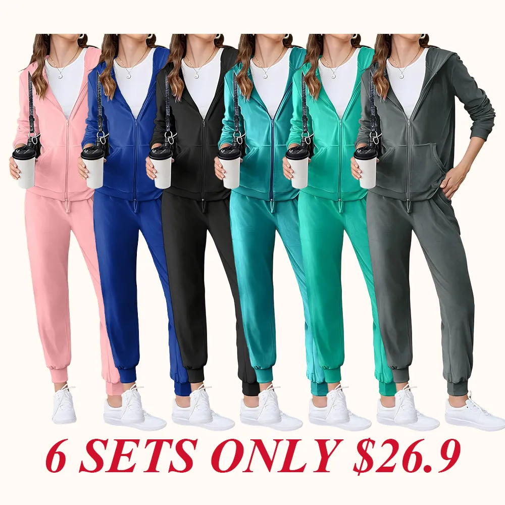 Women's Casual Velour Tracksuit Set Full Zipper Hoodie