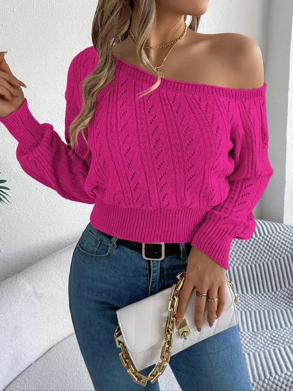 Women's Plain Textured Hollow Out Asymmetrical Neck Sweater