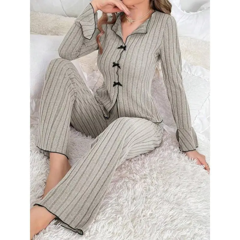 Women's Solid Lettuce Trim Top & Pants Loungewear Two-Piece Set