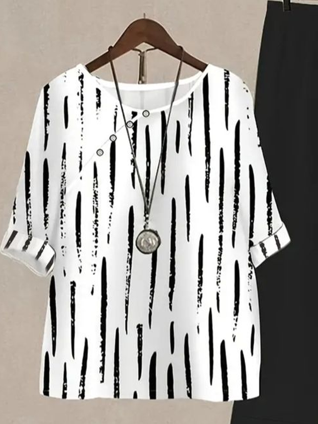 Women's Printing Striped Daily Going Out Two-Piece Set Black-white Casual Summer Top With Pants Matching Set