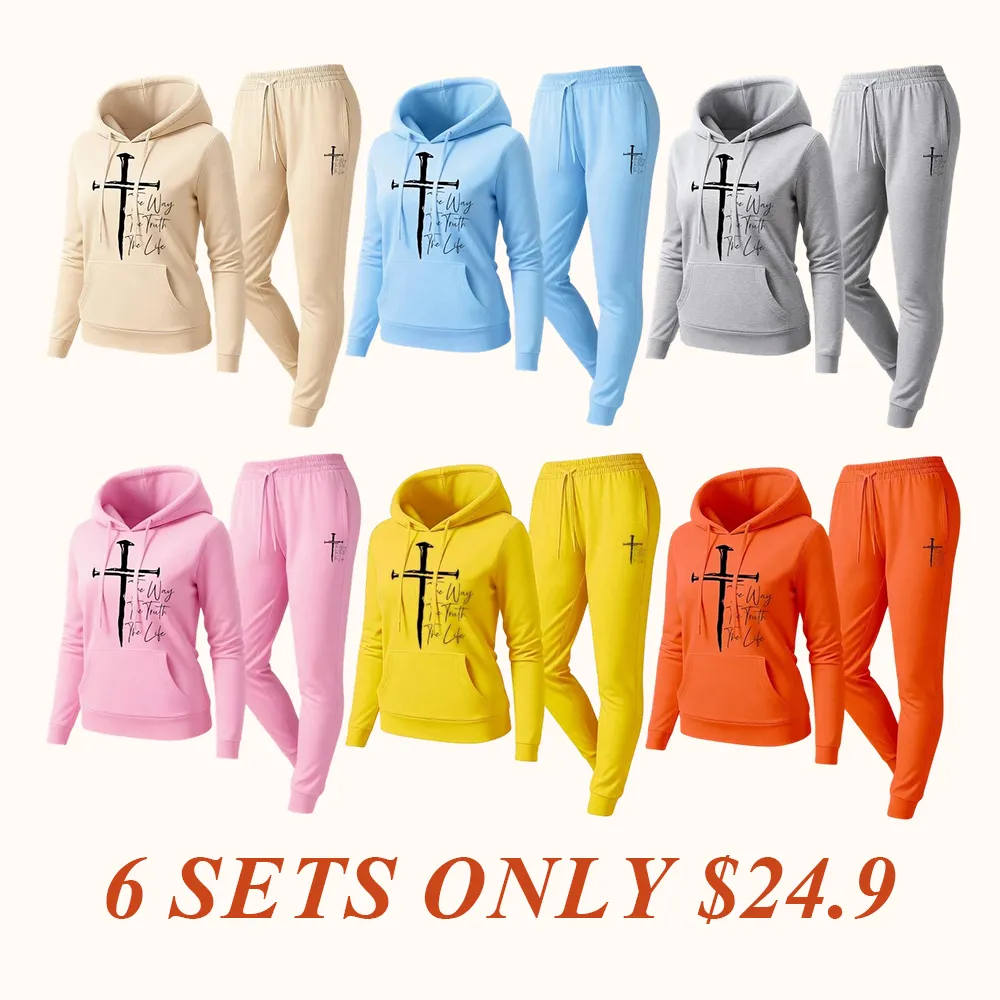 Women's Jesus on the Cross Print Hoodie And Drawstring Track Pants Set