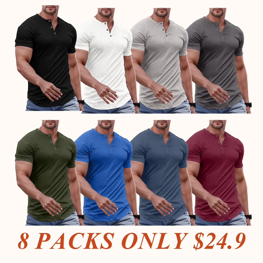 Men's solid color slim-fit Henley neck T-shirt