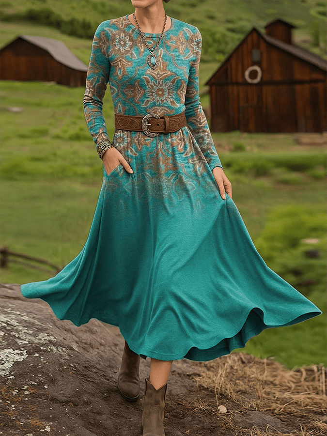 Women's Vintage Western Print Long Sleeve Dress