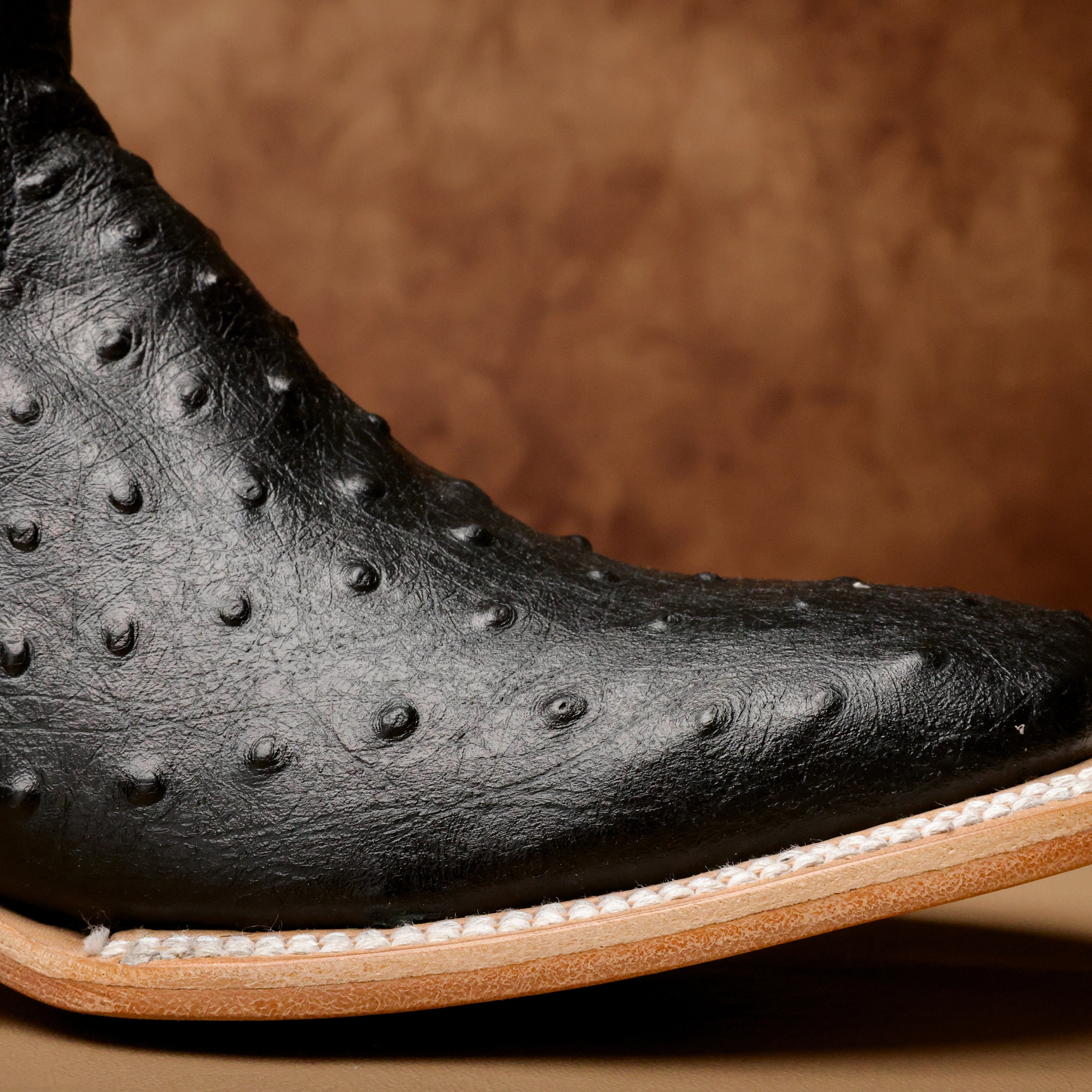 Black Ostrich Leather Boots - Square Toe