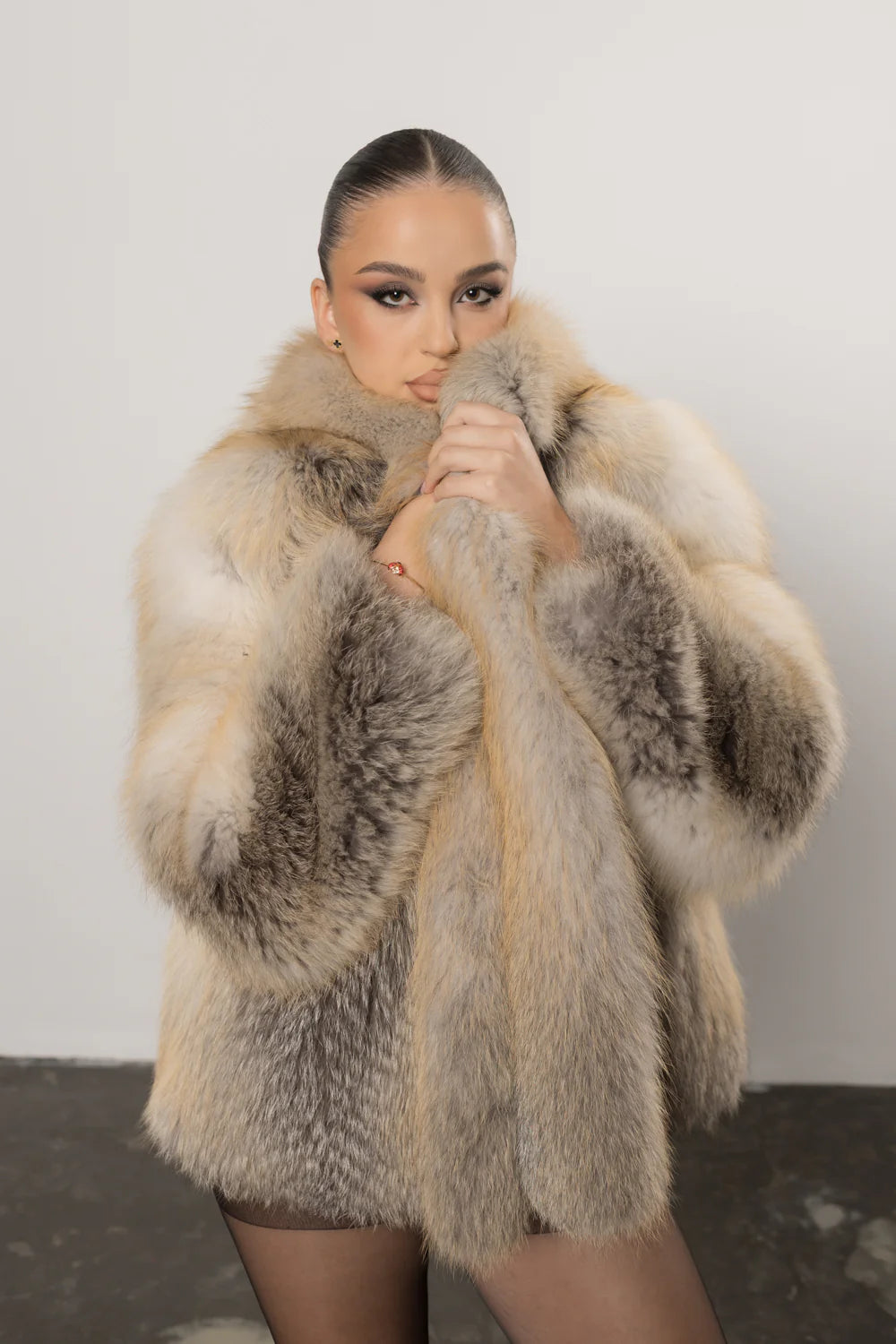 Haină din Blană Naturală de Vulpe, cu Guler Rever Șal, Femei, Golden Fox 436