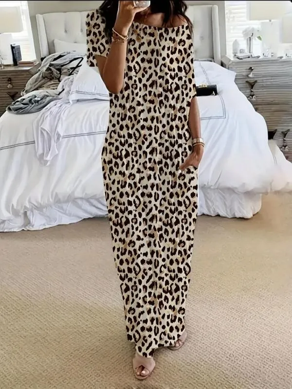 Women's Solid Color Batwing Sleeve Lounge Dress, Casual Comfy Short Sleeve Nightdress for Daily Wear