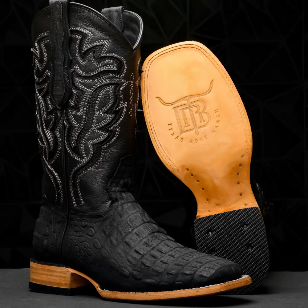 Matte Black Caiman Hornback Leather Boots - Square Toe
