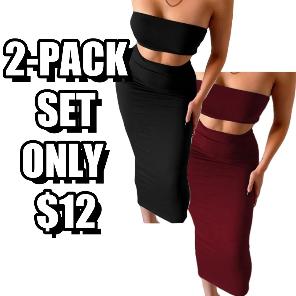 Women's Solid Backless Crop Tube Top & High Waist Skirt Set
