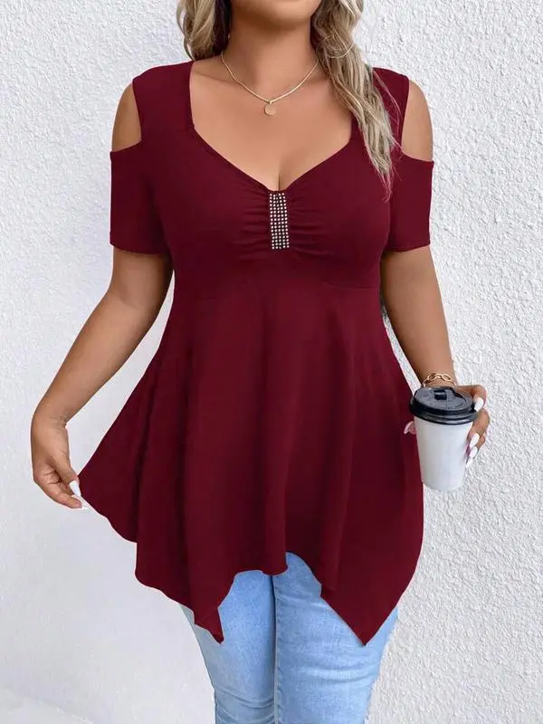 [Plus Size] Cold Shoulder Tee, Casual Asymmetrical Hem Short Sleeve T-shirt for Summer, Women's Plus Clothing for Daily Wear