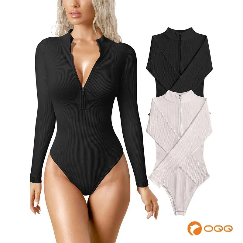 Women's 2 Piece Bodysuits Sexy Ribbed One Piece Zip Front Long Sleeve Tops Bodysuits