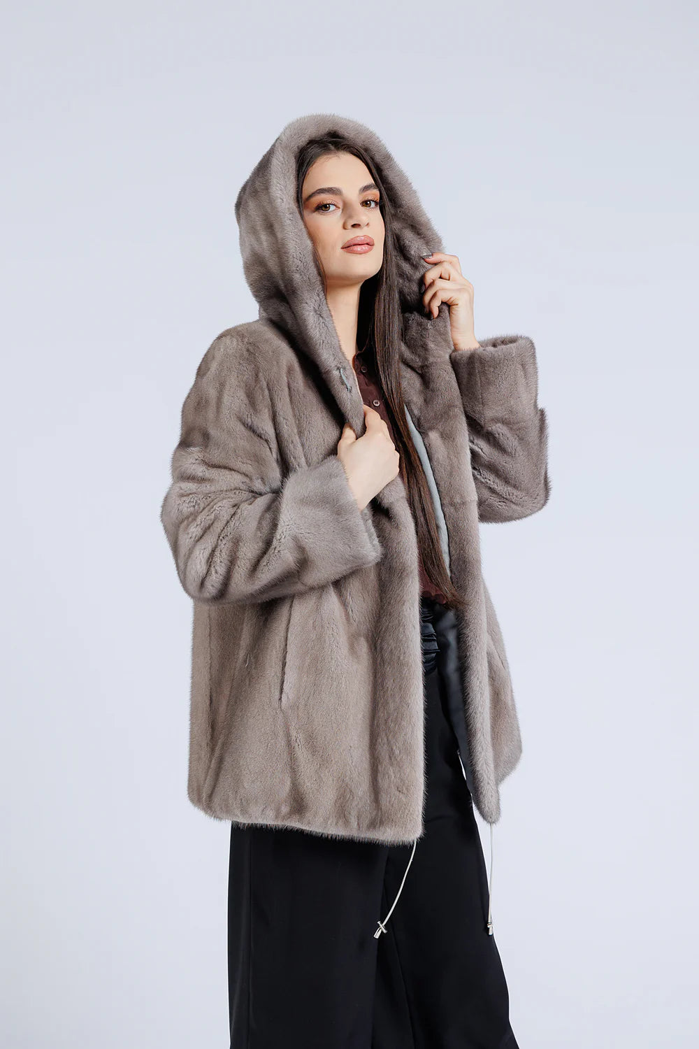 Haină din Blană Naturală de Vizon, cu Glugă, Femei, Silver Blue 206