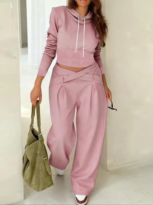 Women's Casual Hooded Sweatshirt Set, Long Sleeve Plain Pullover, Fitted Pants